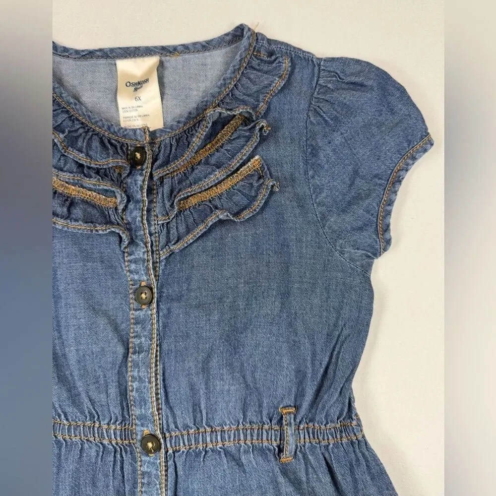 OSHKOSH B’GOSH Y2K Girls’ Chambray Denim A-Line Button Up Ruffle Collar Dress 6X